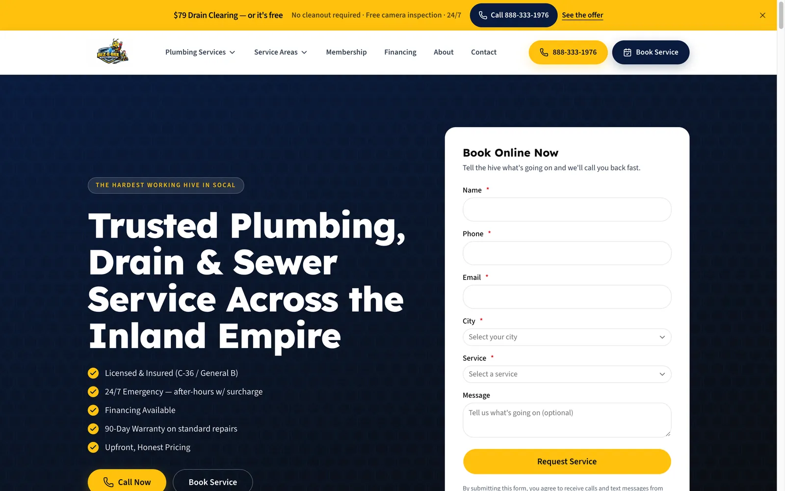 Biz-E-Bee Plumbing & Rooter website on a desktop screen