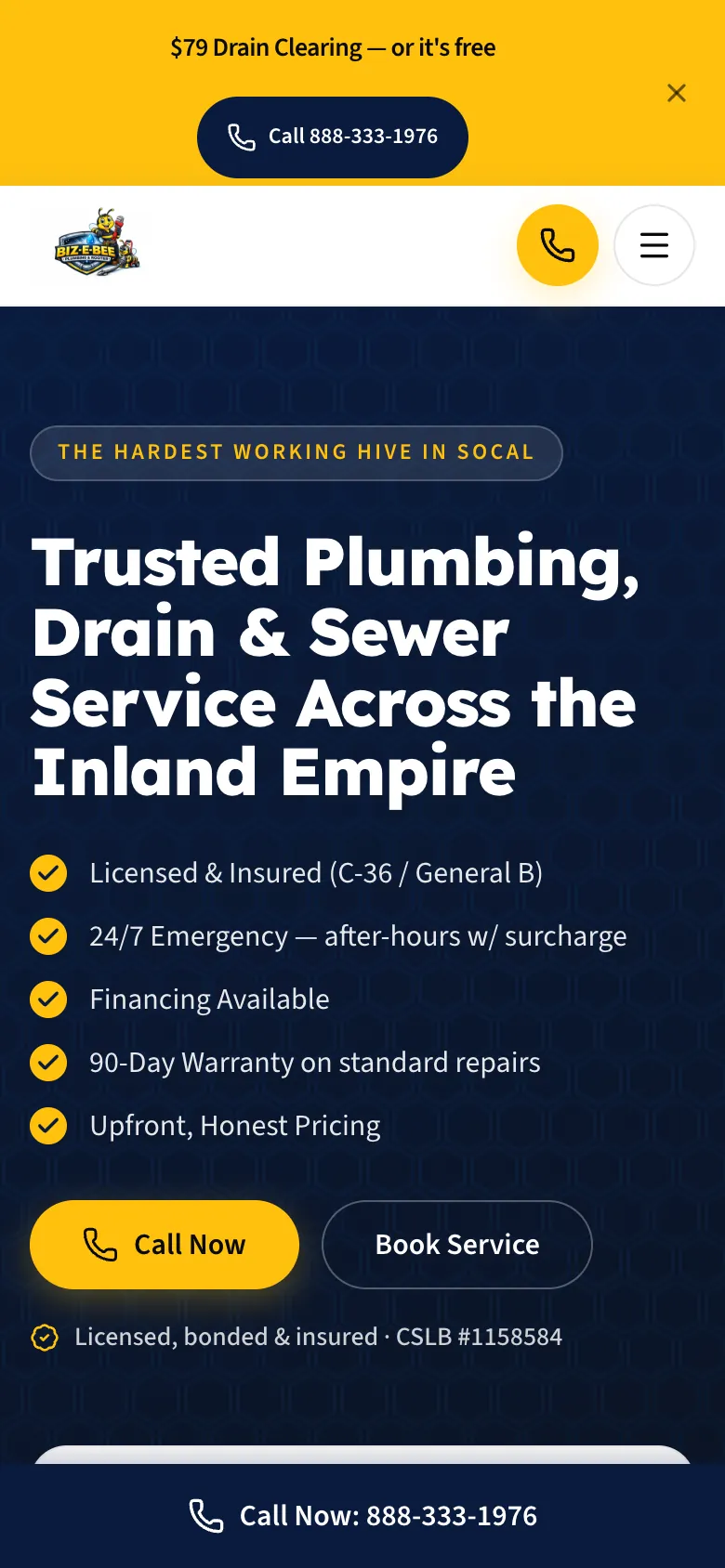 Biz-E-Bee Plumbing & Rooter website on a phone