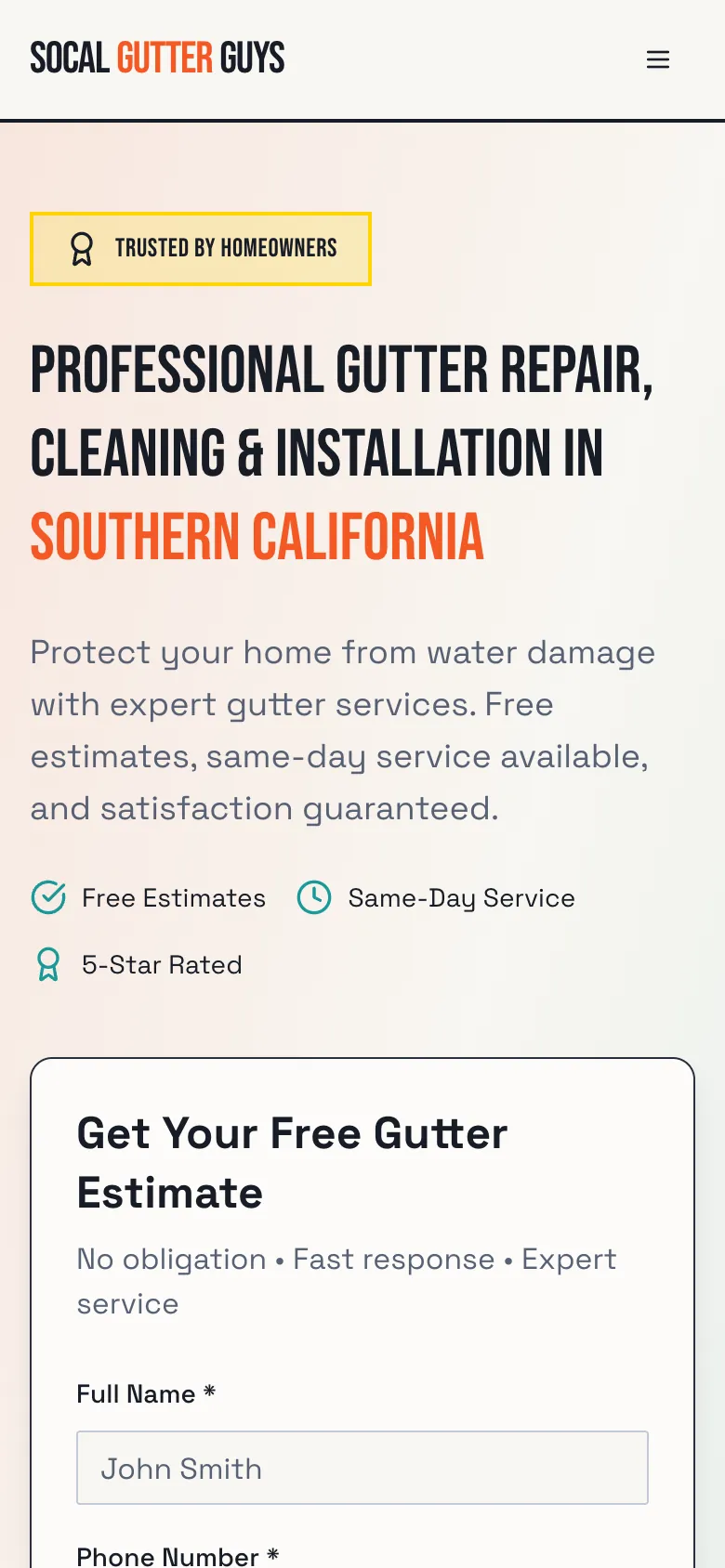 SoCal Gutter Guys website on a phone