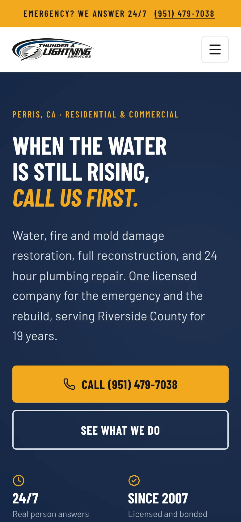 Thunder & Lightning Services website on a phone