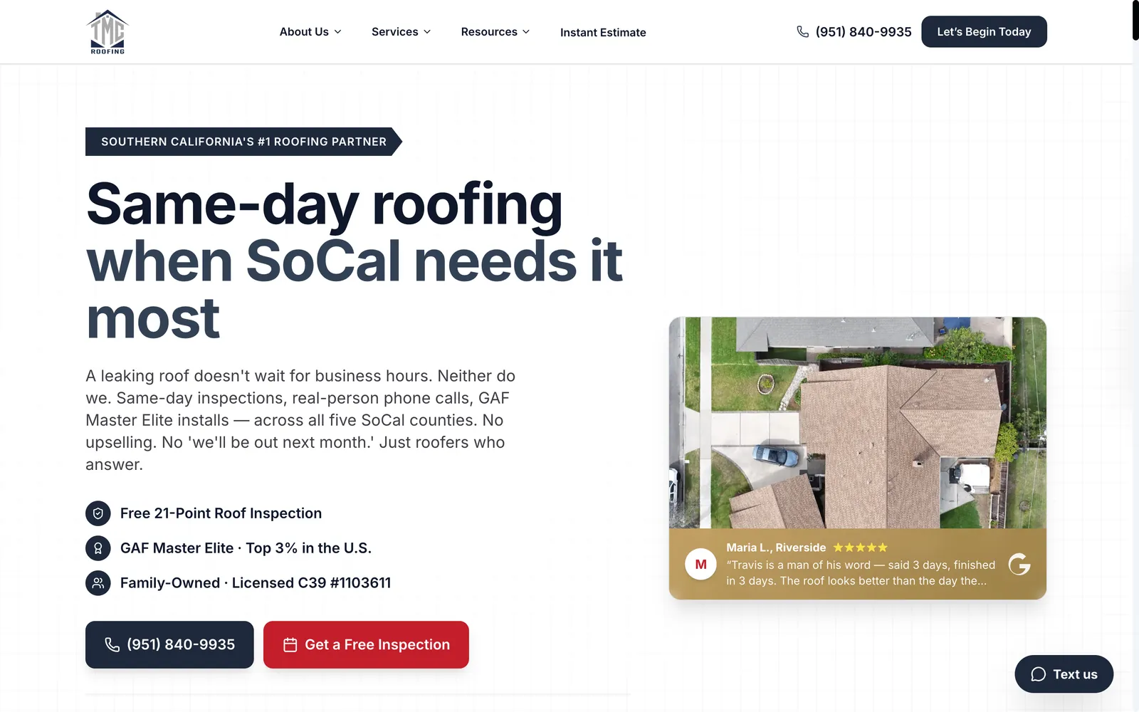 TMC Roofing website on a desktop screen