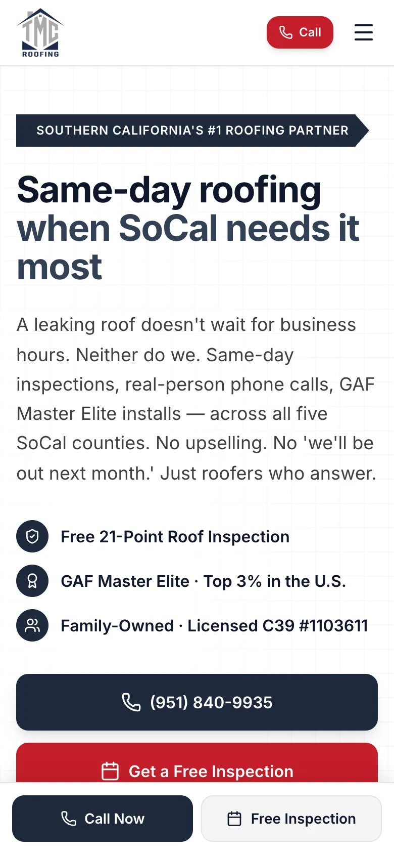 TMC Roofing website on a phone